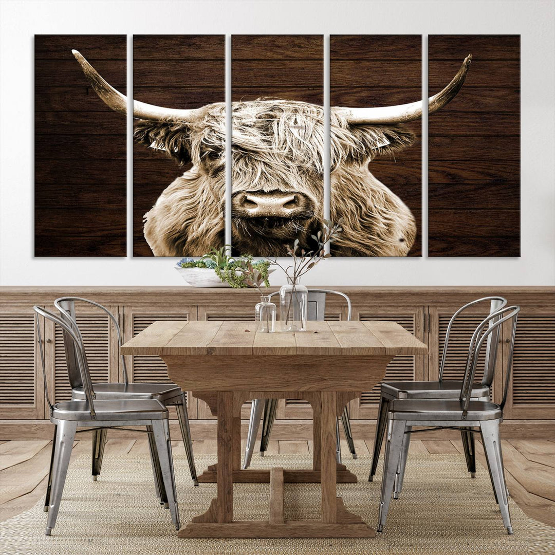 Highland Cow Wall Art Canvas Print: Majestic Scottish bull on rustic decor, ready to hang.