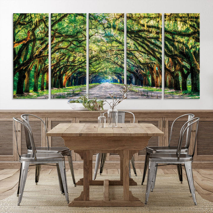 Serene Tree Tunnel Wall Art Canvas Print – Pathway Under Canopy of Lush Green Trees, Nature-Inspired Decor for Living Room – Ready to Hang