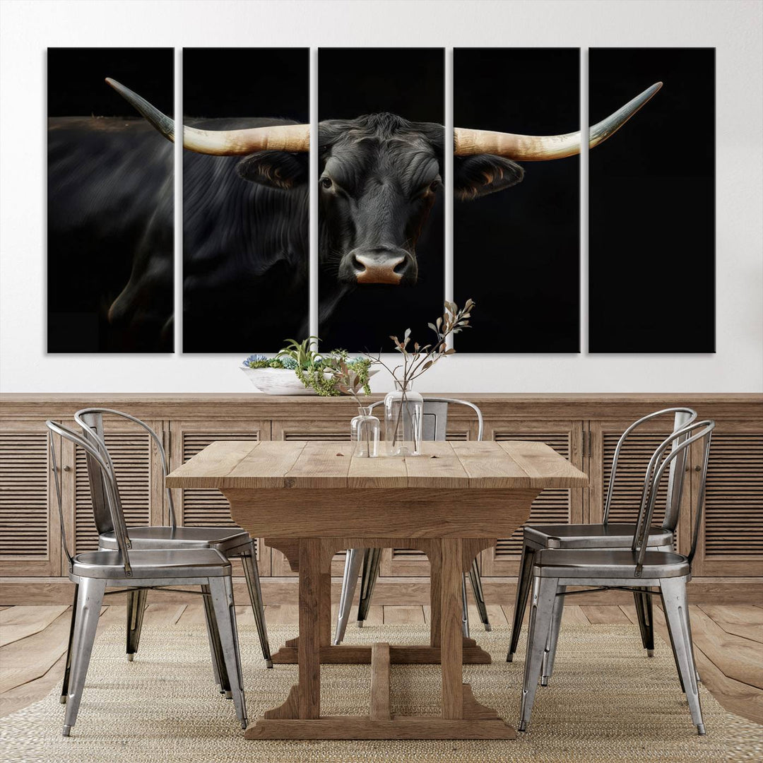 Texas Longhorn Cow | Majestic Black Bull Wall Art Canvas Print - Farmhouse Animal Decor - Ready to Hang