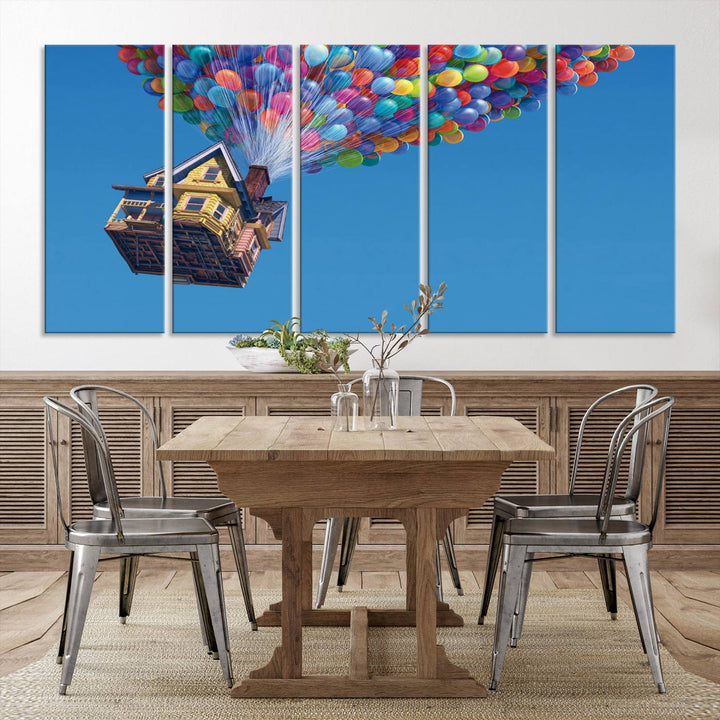 The "Carl Fredricksen, Up Movie Wall Art" features a three-panel design with a house lifted by colorful balloons, adding whimsical decor to any space.