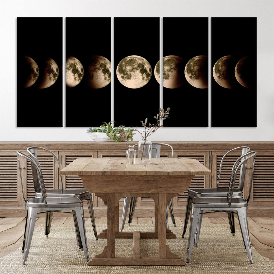 The "Phases of the Moon Wall Art" canvas print elegantly hangs on the wall.