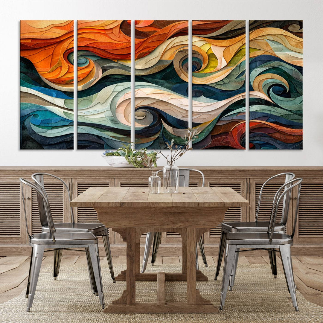 Abstract Wave Wall Art is a ready-to-hang framed canvas print featuring swirling orange, blue, and white patterns. It's perfect for adding vibrant decor to modern spaces.