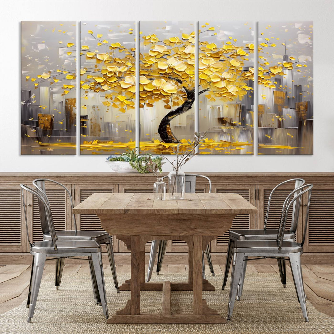 A framed canvas print from the "Golden Tree Canvas Print | Abstract Wall Art for Modern Homes | Ready to Hang Framed Artwork" collection hangs elegantly against the dark wall, epitomizing exquisite abstract wall art.