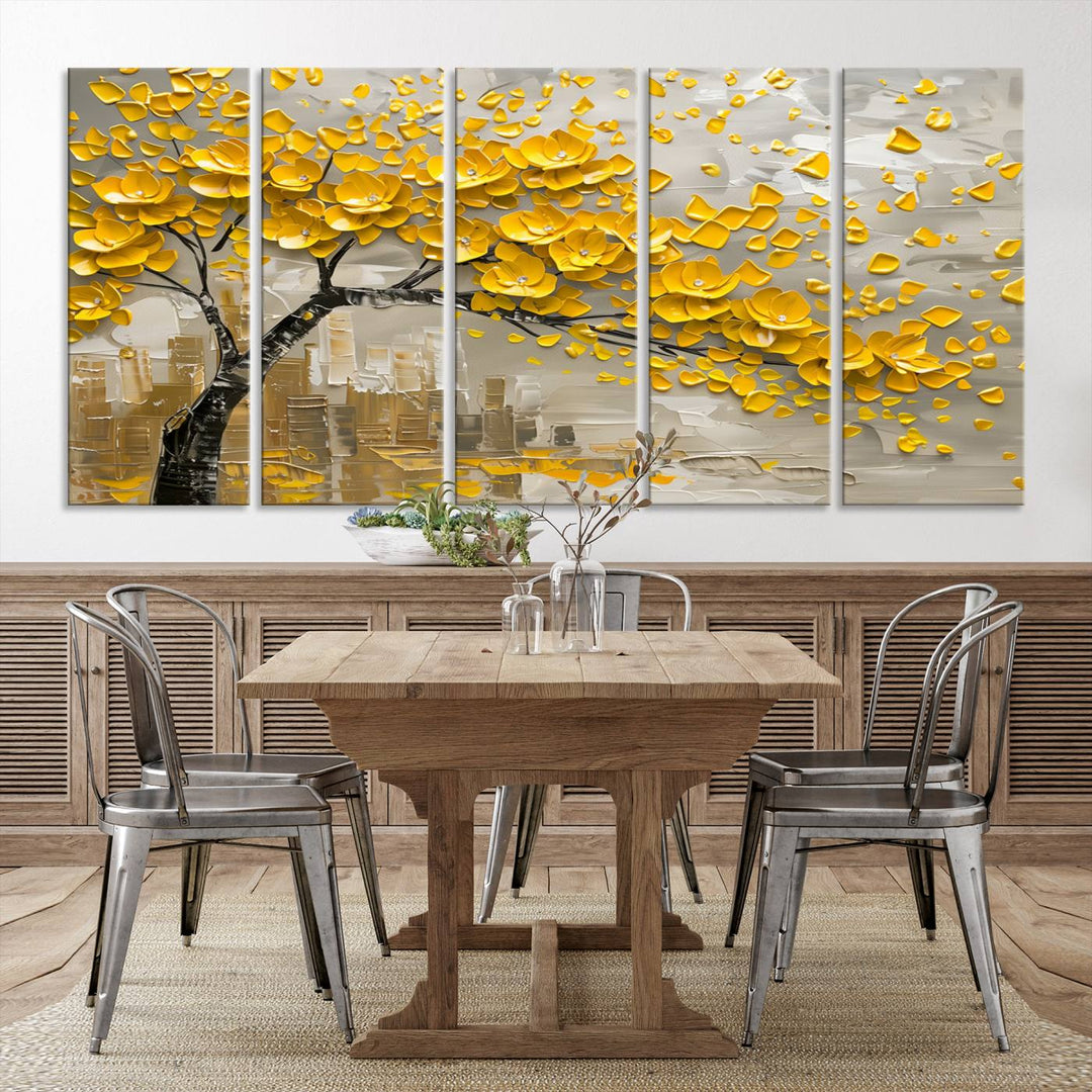 The living room showcases a Yellow Blossom Tree Canvas Wall Art, modern and floral.