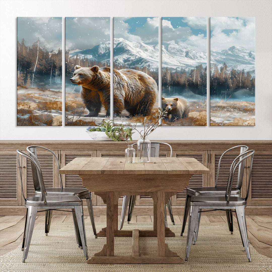 The modern living room features a Bear and Baby Bear Wall Art Canvas Print depicting a snowy mountain landscape, making it a stunning visual piece and a meaningful gift idea.