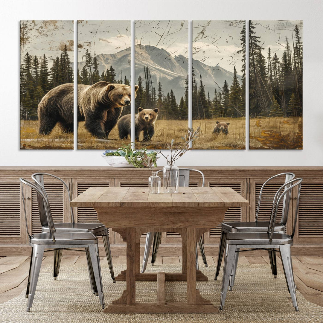 Rustic Grizzly 399: Bear Family Wall Art Canvas Print.