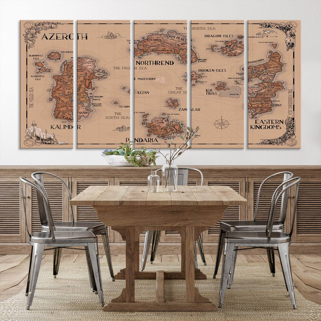 The Vintage Azeroth World Map Canvas Print, a stunning three-piece set, enhances the space with its vintage charm, perfectly complementing your gaming decor.