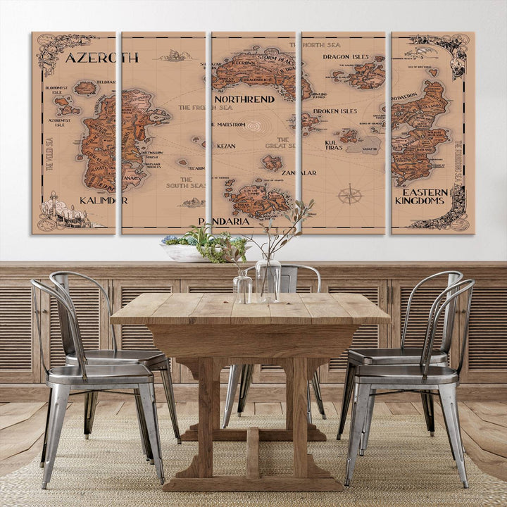 The Vintage Azeroth World Map Canvas Print, a stunning three-piece set, enhances the space with its vintage charm, perfectly complementing your gaming decor.