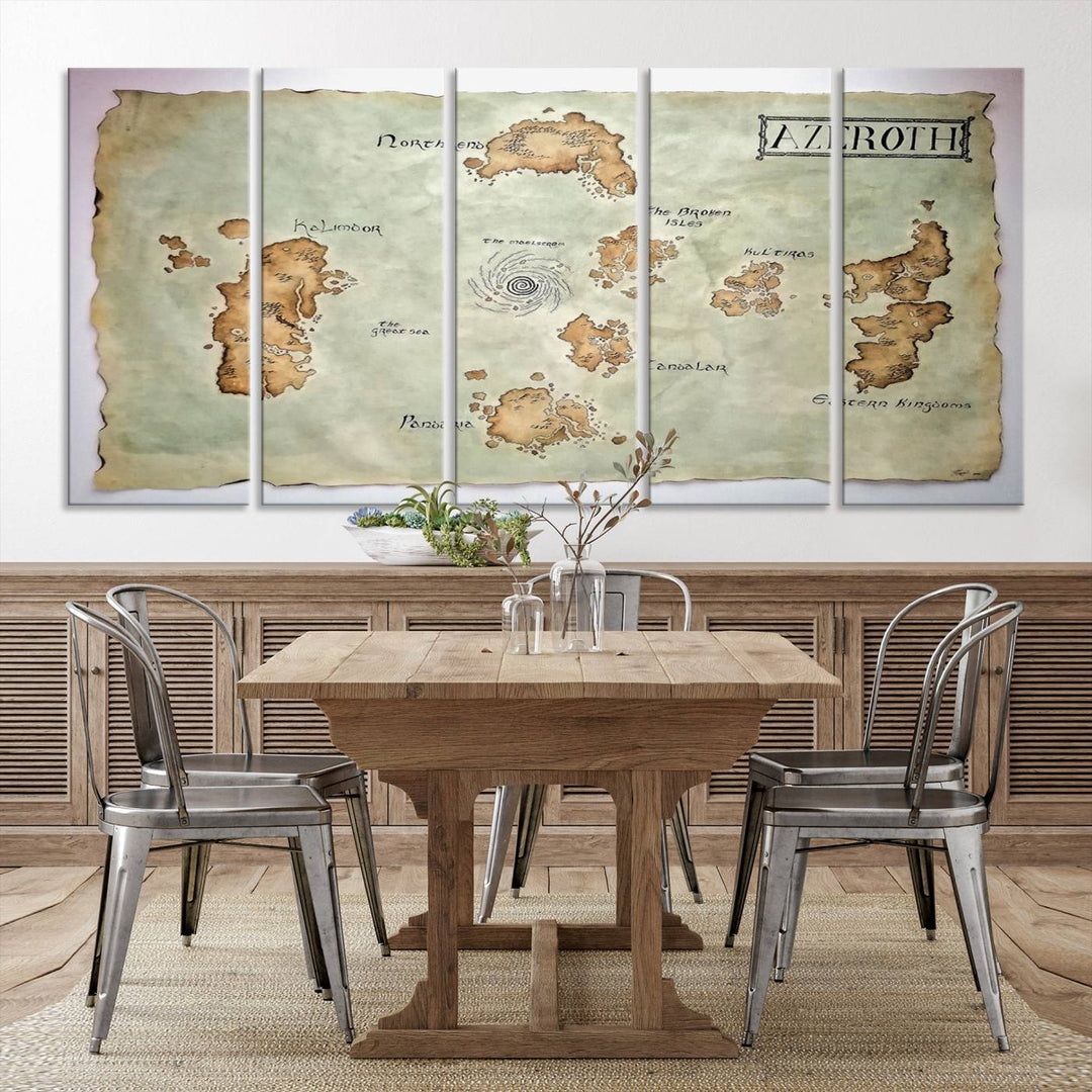 The Azeroth World Map Wall Art Canvas Print, a three-panel vintage piece, brings a cozy fantasy gaming atmosphere to the room.