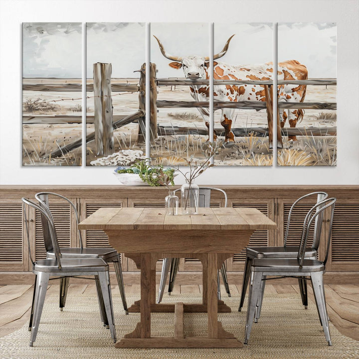 The Abstract Longhorn Cow Wall Art, a ready-to-hang framed canvas print, adds rustic charm and perfectly captures the essence of rural elegance.