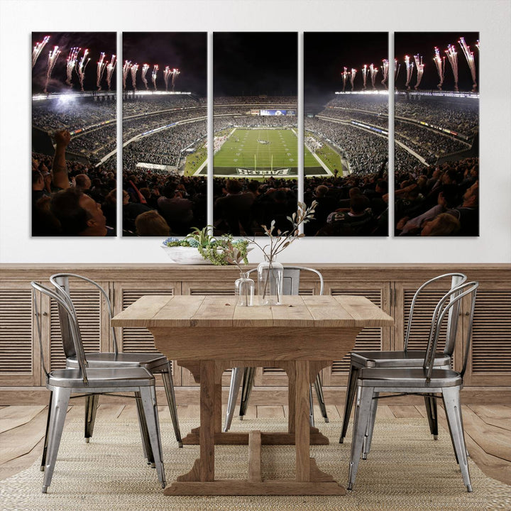 The living room features a spectacular Philadelphia Eagles Football Team Print. This wall art canvas print of Lincoln Financial Field at night captures a Philadelphia Eagles game under the dazzling brilliance of fireworks, making it an eye-catching centerpiece.