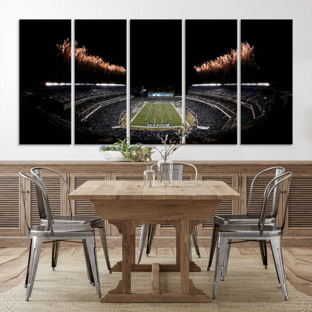 Eagles Stadium Wall Art depicting a nighttime game and fireworks at Lincoln Financial Field.