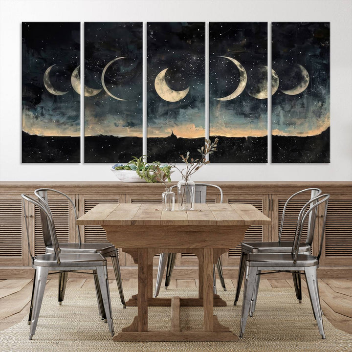 The "Phases of the Moon Wall Art," a framed canvas series capturing the celestial beauty of lunar cycles against a starry night, adds an elegant touch to the contemporary dining room.