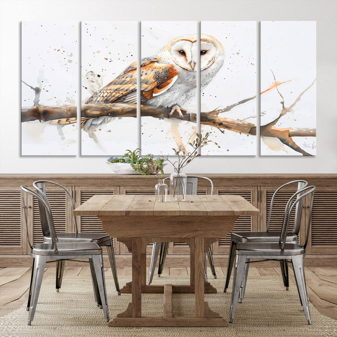 Introduce the tranquility of nature into your home with this stunning canvas print, featuring a Barn Owl on a branch. This triptych wall art, ready to hang and elegantly framed, is perfect for nature lovers seeking serene decor pieces.