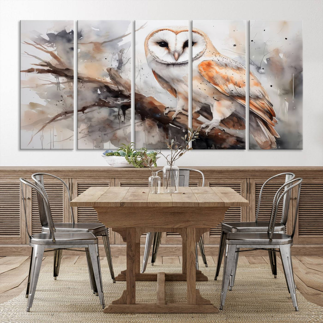 The Barn Owl Wall Art, a watercolor canvas print, elegantly adorns the wall in a modern living room, seamlessly merging farmhouse wall decor with contemporary style.