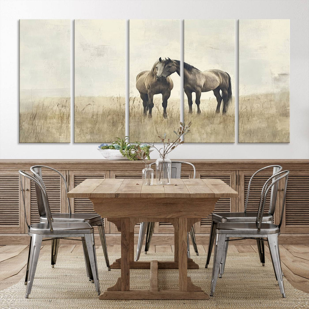 The Chinese Style Grunge Horses Wall Art Canvas Print, featuring a three-panel design of two horses in a misty field, is crafted on museum-quality canvas using high-resolution printing and hangs elegantly.