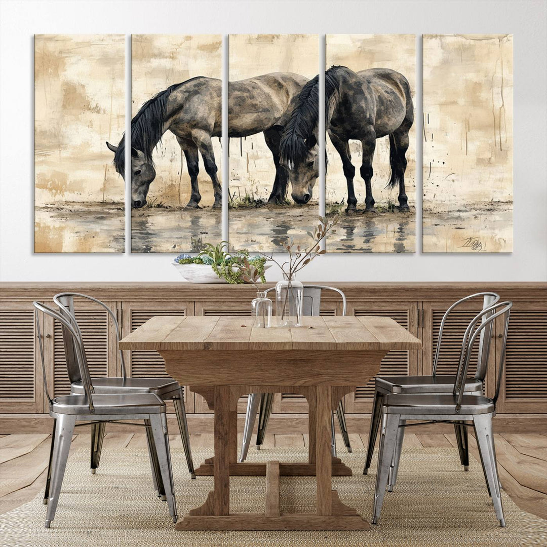 Chines Ink Style Black Horses Wall Art Canvas Print features a triptych painting of two horses drinking at the water's edge.