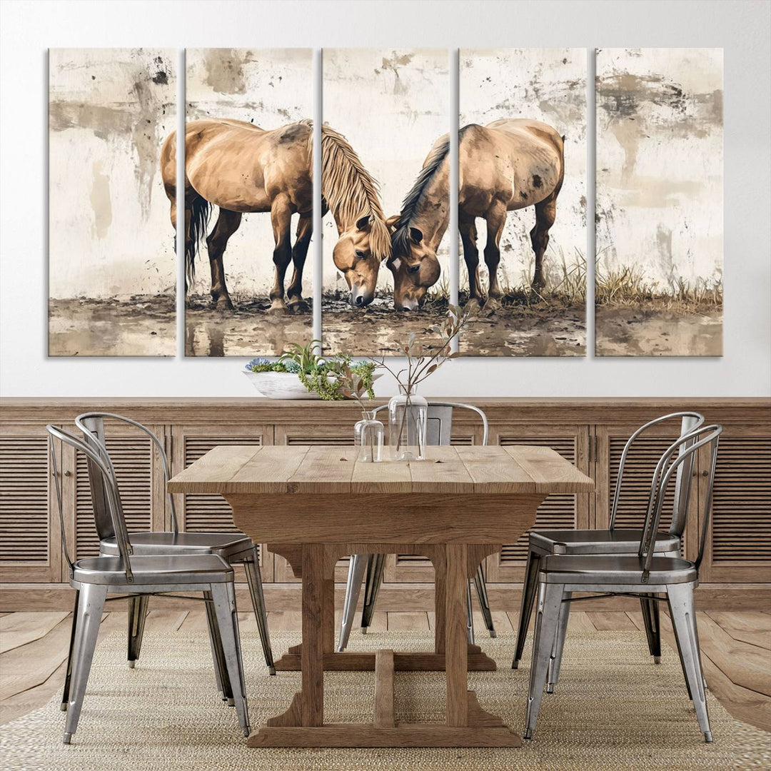 The Vintage Horses Wall Art, a ready-to-hang and framed triptych, beautifully captures two horses gracefully grazing. It perfectly complements the rustic charm of western farmhouse wall decor.