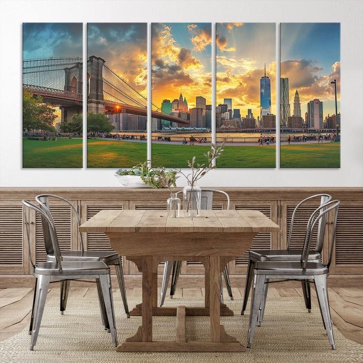 The "Brooklyn Bridge New York Skyline Wall Art" is a ready-to-hang framed canvas print that beautifully captures the cityscape at sunset, showcasing the iconic Brooklyn Bridge and majestic skyscrapers.