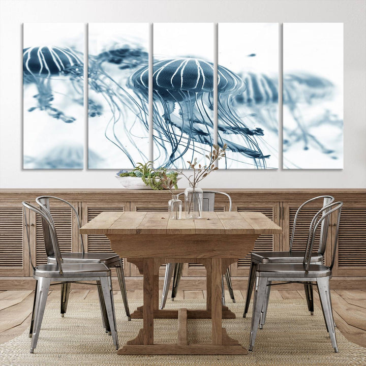 The Abstract Jellyfish Wall Art Canvas Print, a three-panel piece featuring high-resolution printing, hangs elegantly in the room, adding vibrant detail to the space.