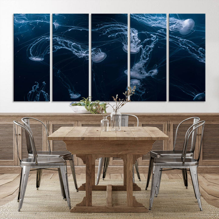 Room with modern decor, featuring the Abstract Jellyfish in Ocean Wall Art Canvas Print on museum-quality canvas.