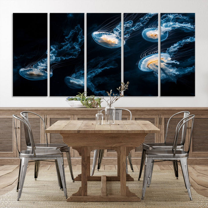 The "Jellyfish Wall Art Canvas Print," featuring a sea-themed design of glowing jellyfish, is displayed in high-resolution on museum-quality canvas.