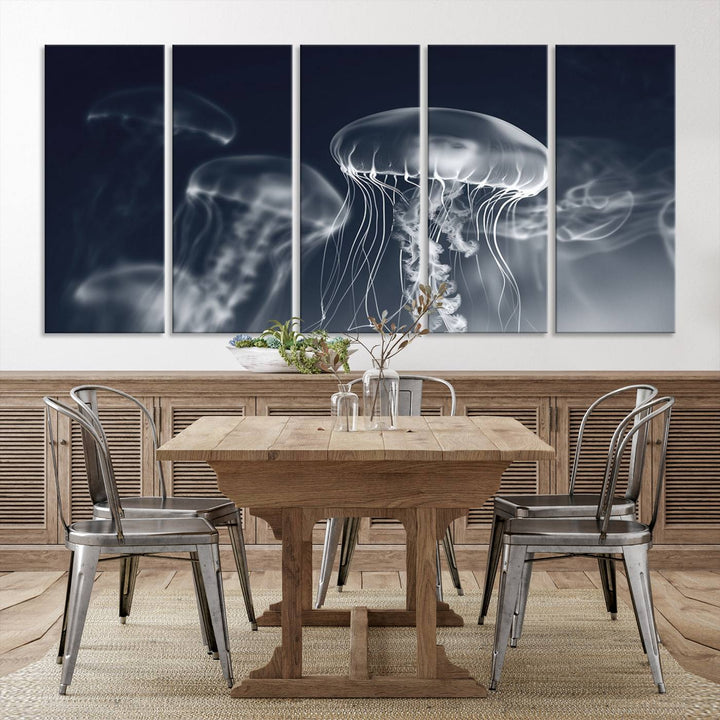 A stunning Jellyfish Wall Art Canvas Print showcases museum-quality canvas through high-resolution printing.