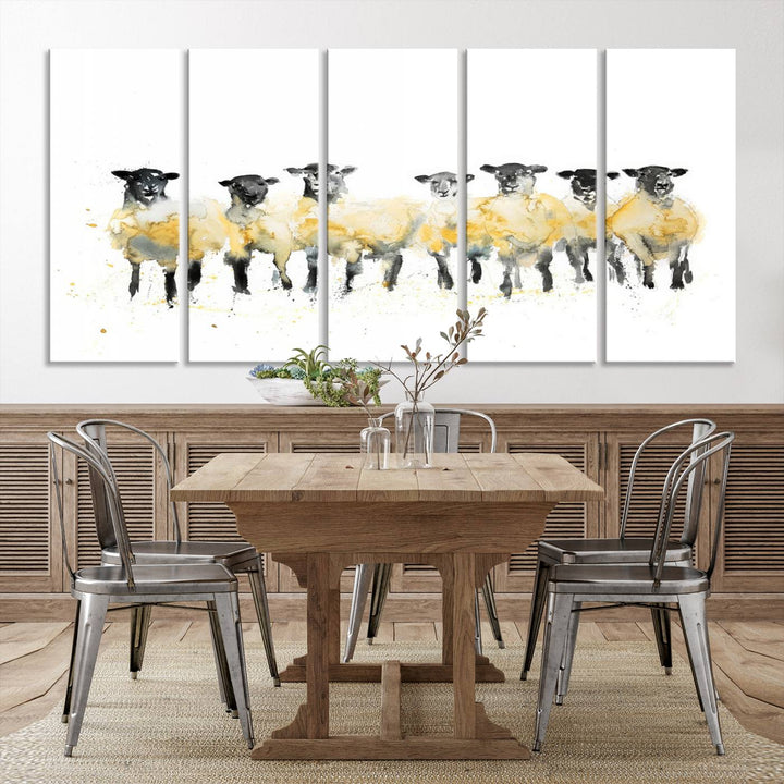 The Farmhouse Wall Art Sheep Print, ready to hang as a framed canvas, adorns the black wall, adding a hint of rustic barn decor.