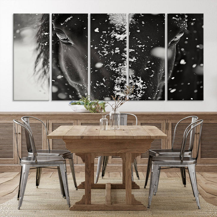 The Winter Horse Snow Wall Art Canvas Print, a black and white triptych showcasing a snow-covered horse's face, infuses the space with rustic cabin decor.