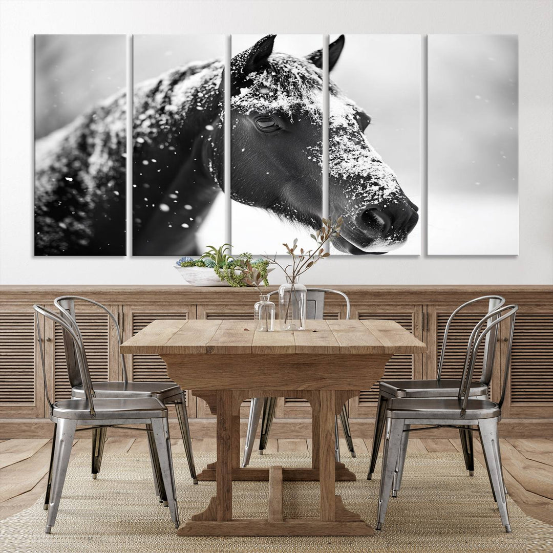 A set of Winter Horse Snow Wall Art Canvas Prints hangs, creating the perfect touch of Rustic Cabin Decor.