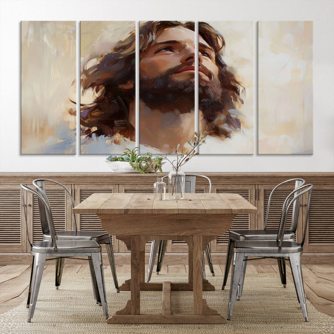 The "Jesus Christ Portrait Wall Art," a ready-to-hang and framed canvas print, features a bearded man with long hair looking upward, creating an inspirational spiritual atmosphere.