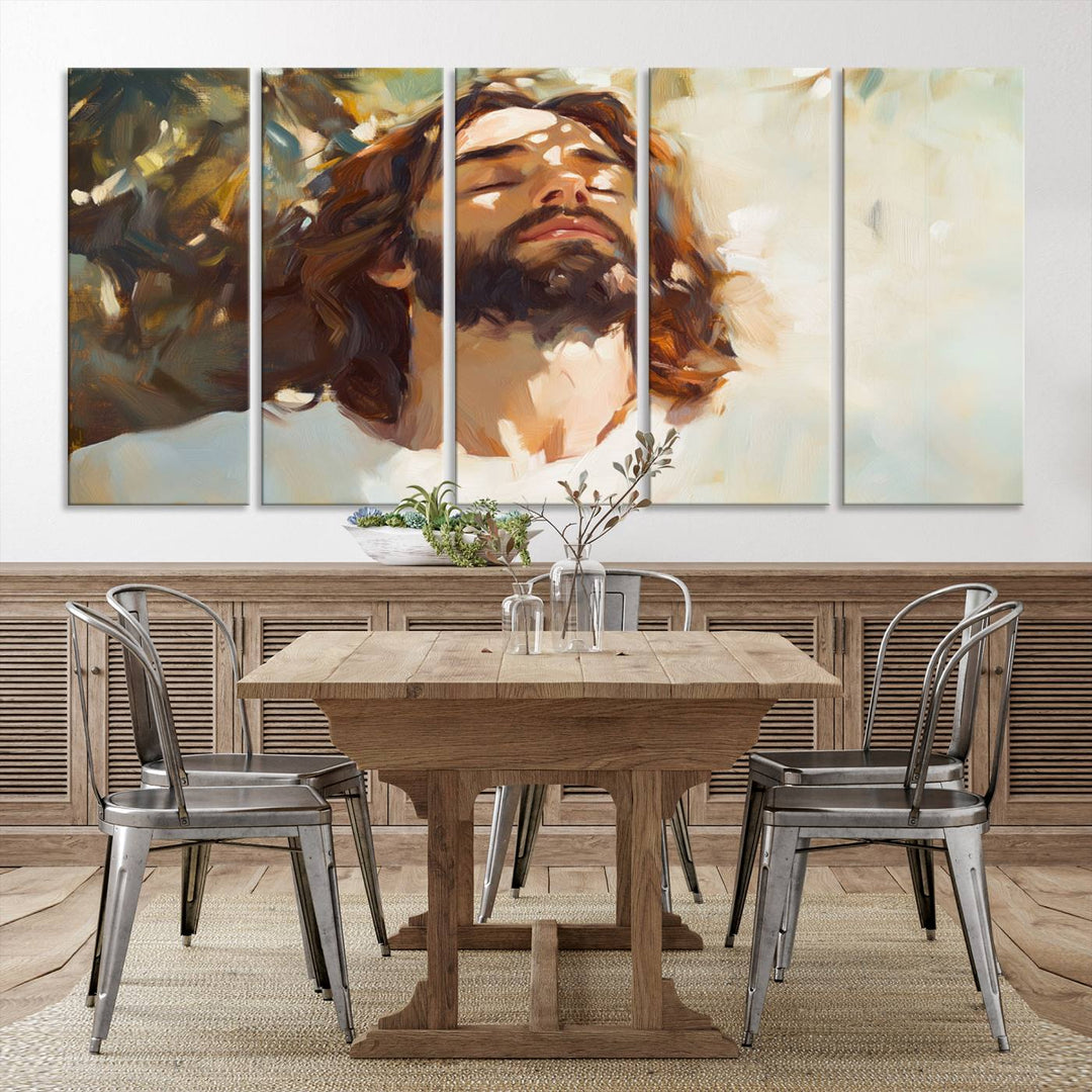 The Jesus Portrait Wall Art Canvas Print features a depiction of Jesus Christ with closed eyes, basking in sunlight. His expression exudes a peaceful, spiritual atmosphere against a blurred background.