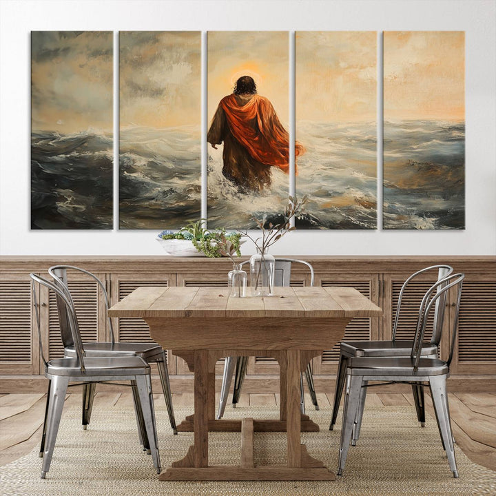 This triptych wall art, titled "Jesus Walking on Water," presents a figure in a red cloak crossing turbulent seas. It is perfect for those looking for religious home decor with a contemporary flair.