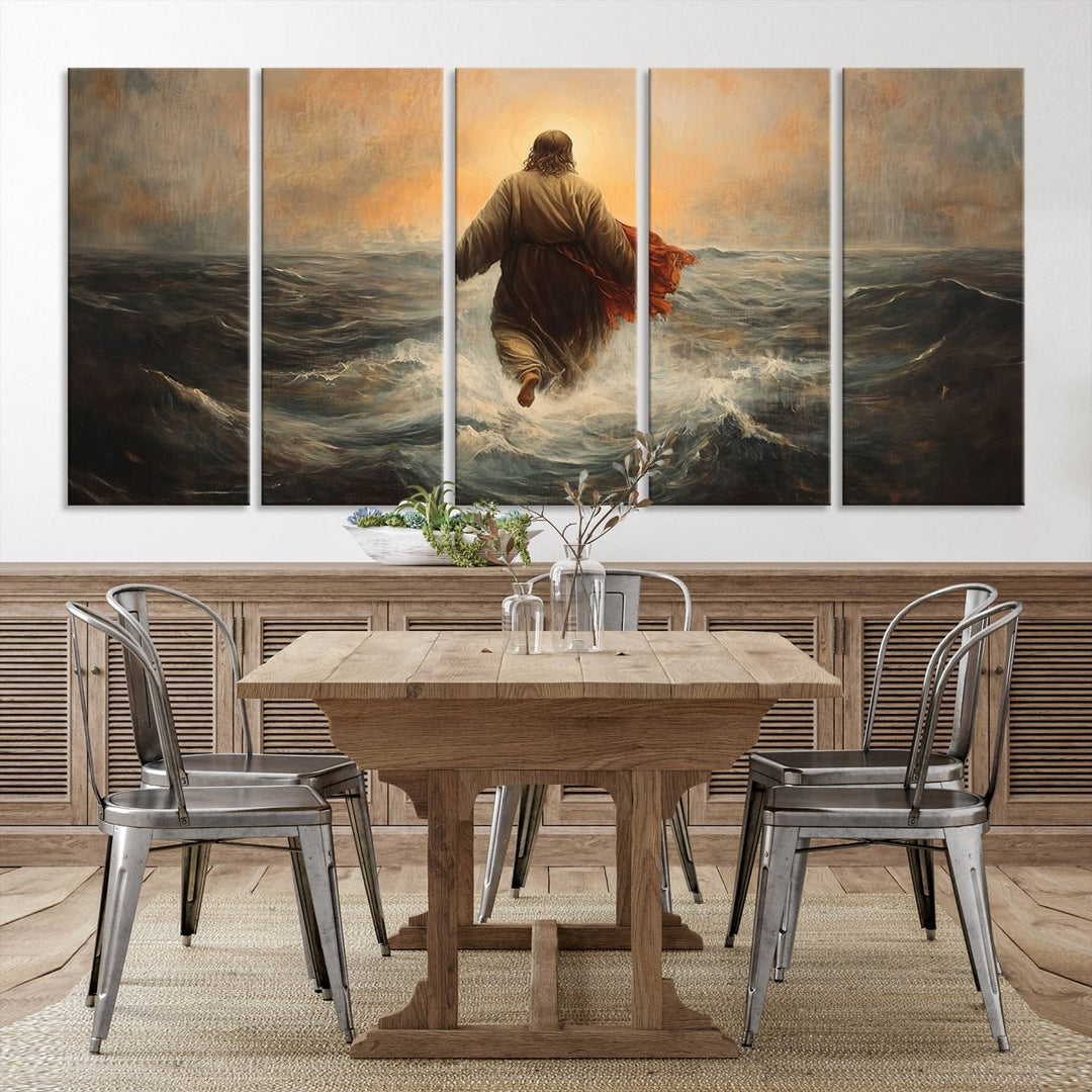 A modern living room is adorned with a triptych titled "Jesus Walking on Water, Christian Wall Art, Jesus Christ Walking on Oil Painting Style Print." The artwork, presented on museum-quality canvas, showcases vibrant colors and exquisite detail.