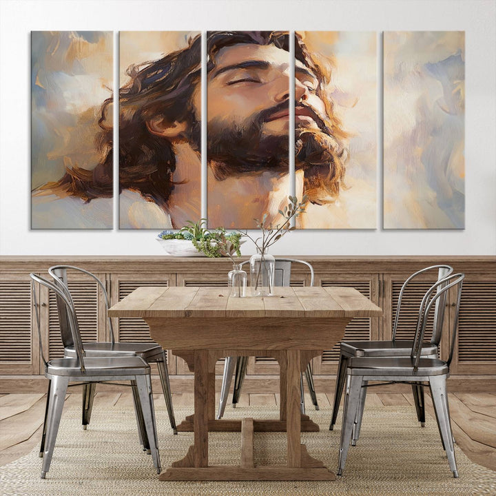 This museum-quality canvas print, titled "Jesus Portrait," features an oil painting style depiction of Jesus Christ with a closed-eyed expression. The high-resolution printing captures every detail beautifully.