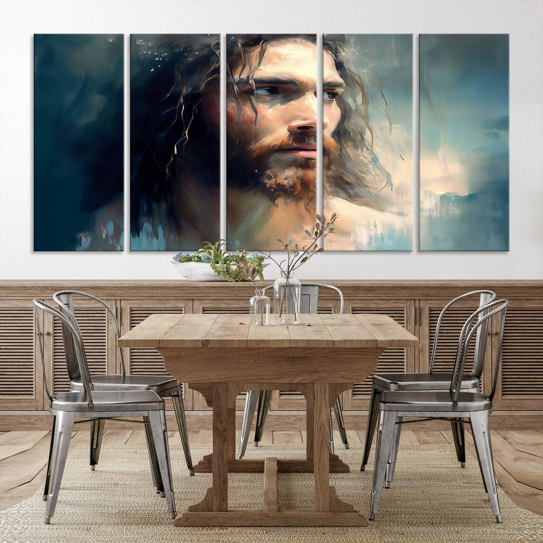 The Jesus Portrait Wall Art Canvas Print, featuring a depiction of a man with long hair and a beard, is showcased on a wooden wall. This Christian Wall Art is rendered on museum-quality canvas, highlighting the mastery of high-resolution printing in an oil painting style.