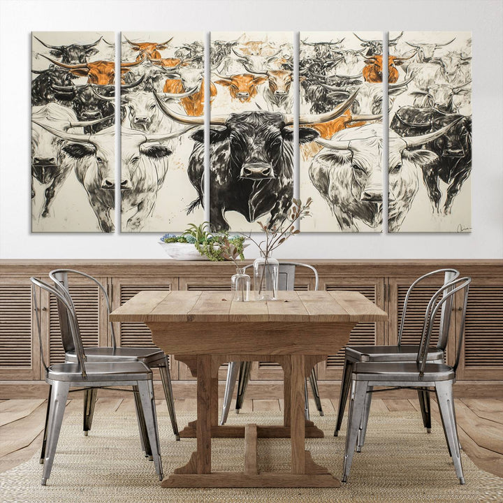 This exquisite farmhouse wall art, titled "Western Longhorn Cattle Canvas Print," showcases a majestic herd of longhorn cattle in a three-panel design. This ready-to-hang and framed barn decor infuses your space with rustic charm.