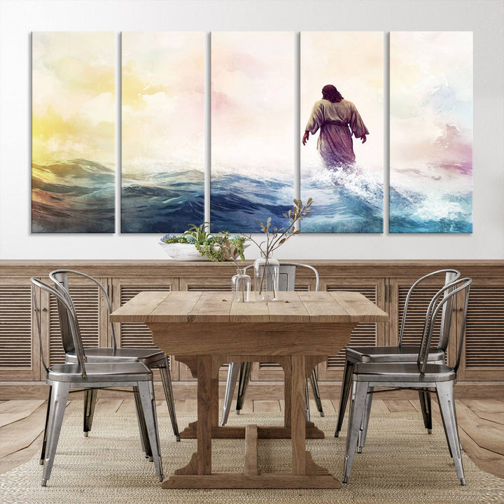 Watercolor Jesus Walking on Water Canvas Print, Christian Wall Art, Jesus Christ Walking