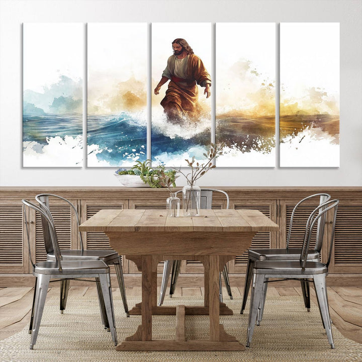 Watercolor Jesus Walking on Water Canvas Print, Christian Wall Art, Jesus Christ Walking