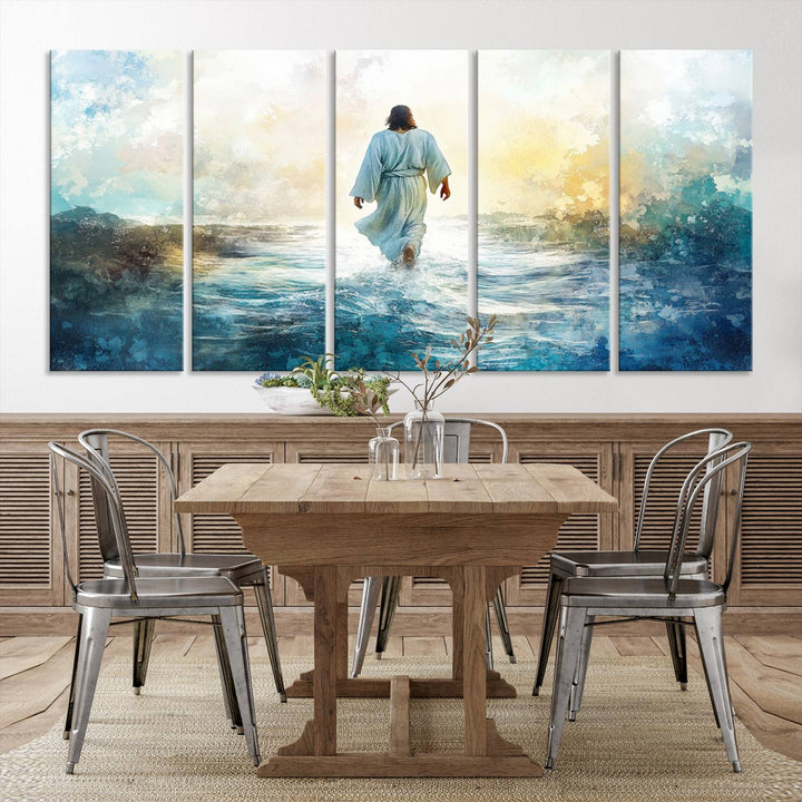 Watercolor Jesus Walking on Water Canvas Print, Christian Wall Art, Jesus Christ Walking