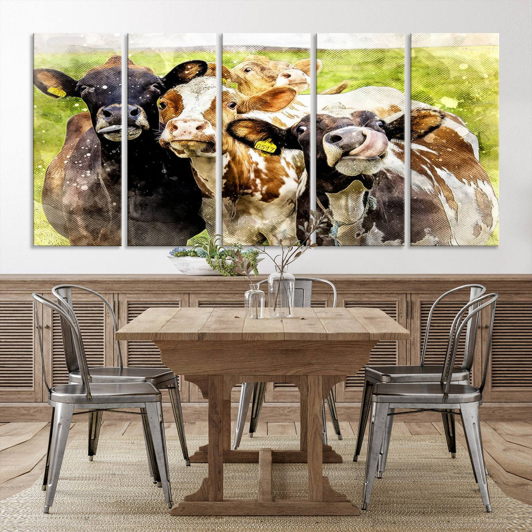 A charming triptych featuring the "Curious Cows Farmhouse Wall Art," a ready-to-hang and framed canvas print, adds a touch of rustic farm decor to the space.