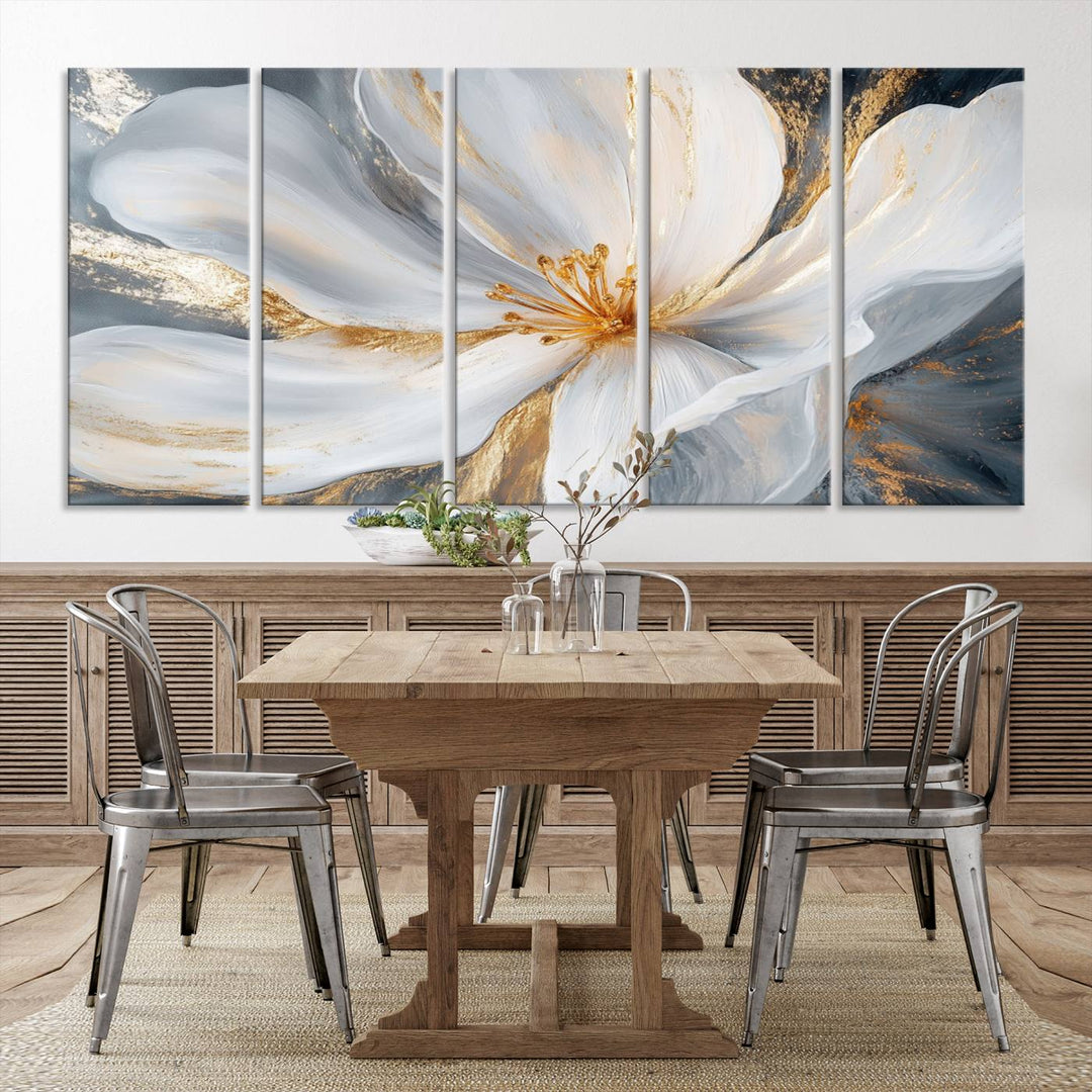 White and Gold Floral Canvas Wall Art - Framed and Ready to Hang - Perfect for Modern Living Rooms