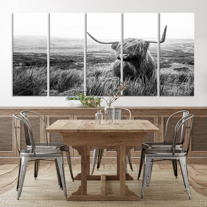 Scottish Highland Cow Wall Art | Black and White Canvas Print | Ready to Hang and Framed | Rustic Farmhouse Wall Decor for Living Room or Office