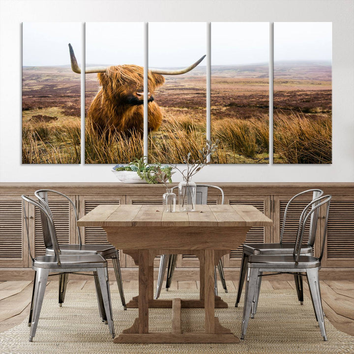 Scottish Highland Cow Wall Art Canvas Print | Ready to Hang and Framed | Rustic Farmhouse Decor for Living Room or Cabin