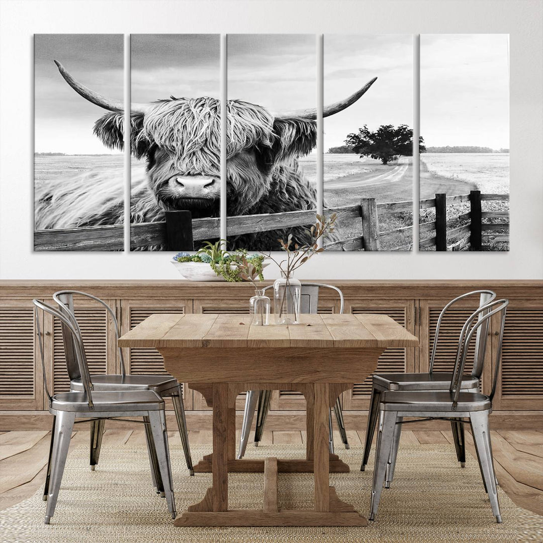 Scottish Highland Cow Wall Art | Rustic Farmhouse Décor | Black and White Ready to Hang Canvas Print