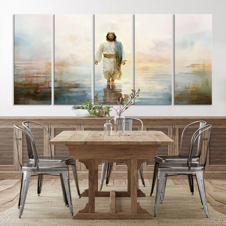 Framed Jesus Walking on Water Wall Art - 3-Panel Christian Canvas Prints, Religious Artwork, Ready to Hang Home Decor for Living Room, Office, or Church