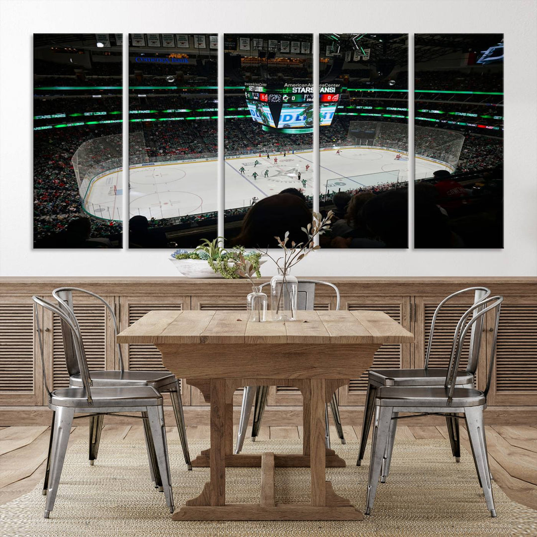 The Dallas Stars Wall Art Canvas Print is as clear as the scoreboard stats at a hockey game in a large arena with bright lights.