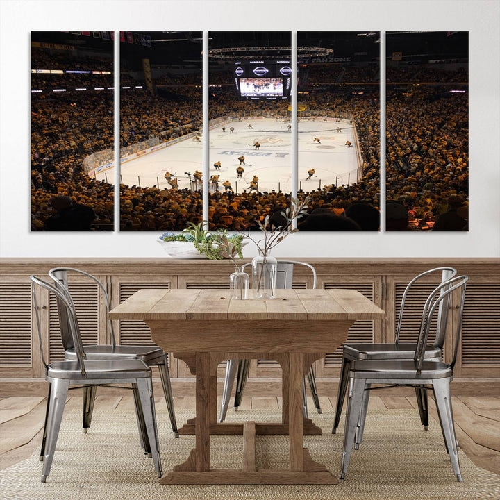 A captivating triptych canvas print, titled "Bridgestone Arena - Nashville Predators Hockey Team Print," adorns the wall. This Nashville wall art canvas print is perfect for Predators fans who appreciate sports-themed decor.