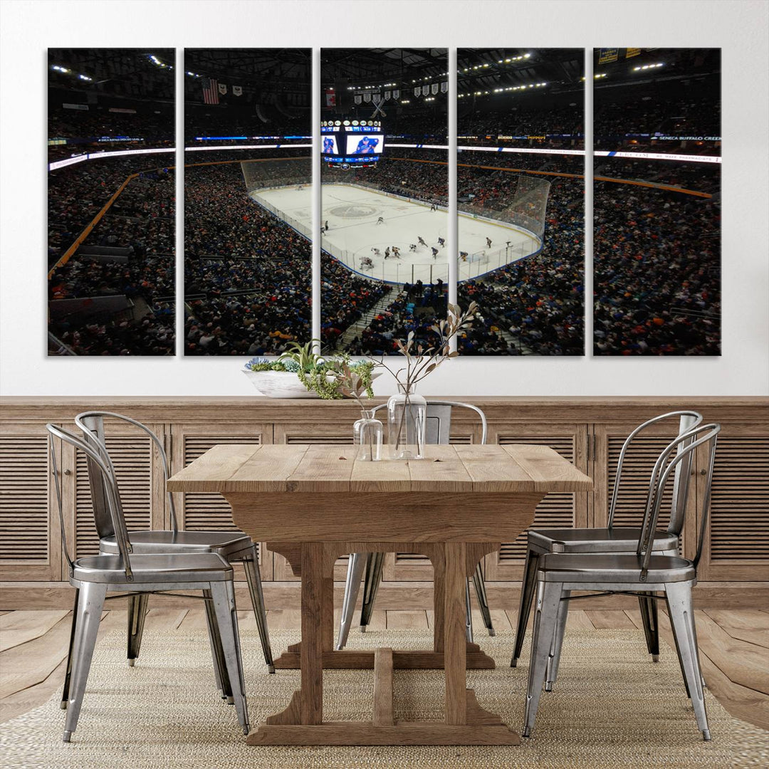 The nautical-themed room is enhanced by the KeyBank Center New York Buffalo Sabres Hockey Stadium Wall Art Canvas Print, a three-panel depiction of a bustling hockey arena with a gallery-quality finish. This canvas artwork, handmade in the USA, introduces an element of sporting elegance to your decor.