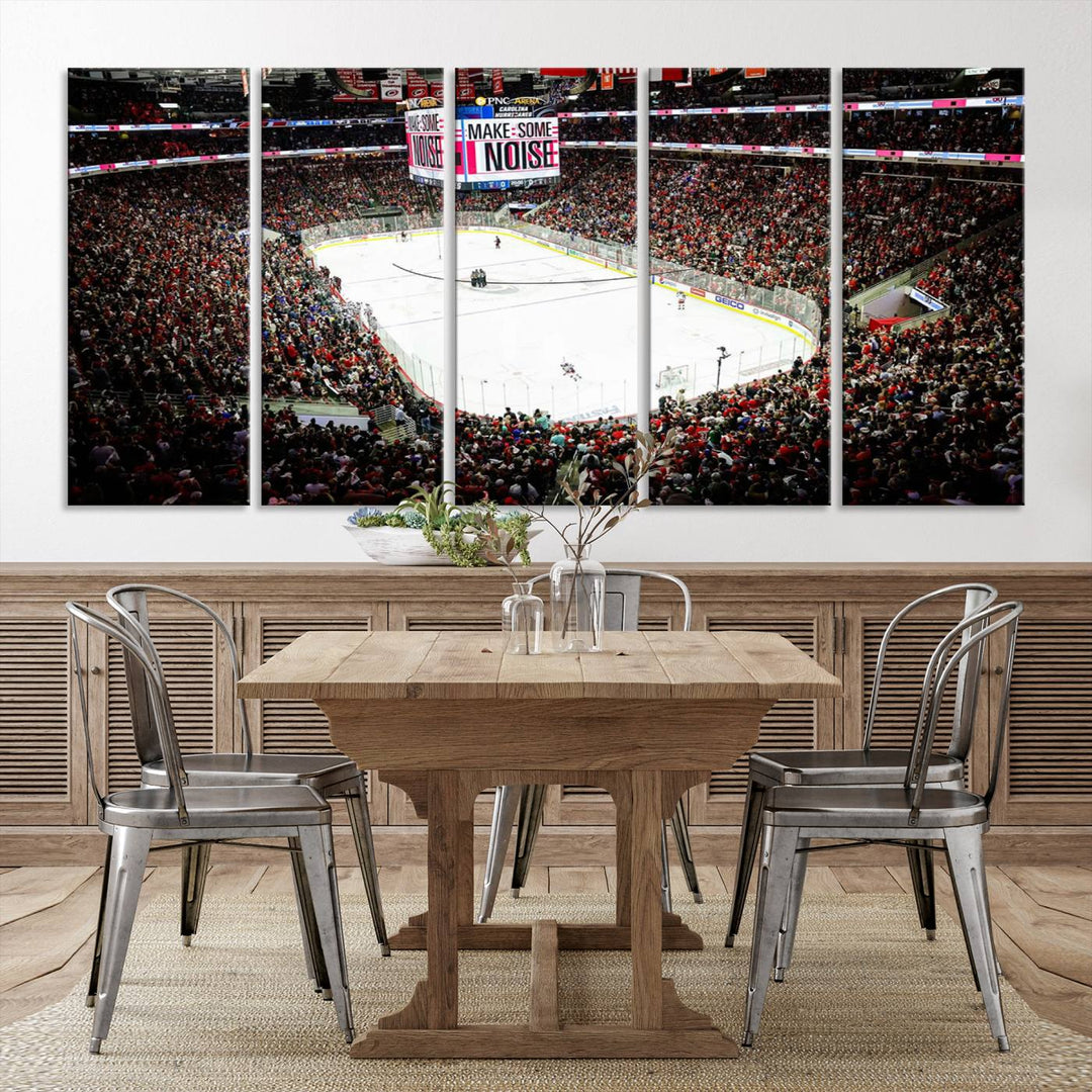 The living room features the PNC Arena Raleigh North Carolina Hurricanes Hockey Stadium Wall Art Canvas Print, which depicts a crowded ice hockey stadium with enthusiastic fans and an ongoing game, all rendered in high-resolution on museum-quality canvas.